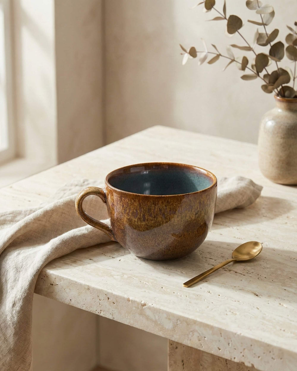 Mug artisanal Sierra en céramique émaillée marron et bleu posé sur une table en travertin. Ambiance petit-déjeuner chic.