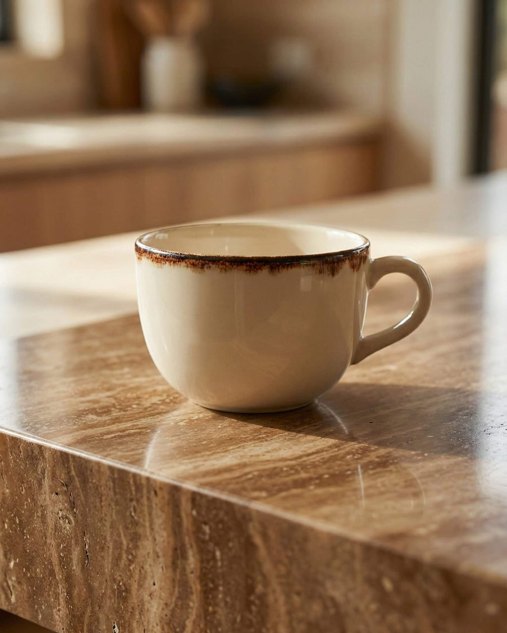 Tasse déjeuner XL Sierra en céramique artisanale beige et bordure marron, posée sur une table en marbre brun. Lumière naturelle et ombres douces.