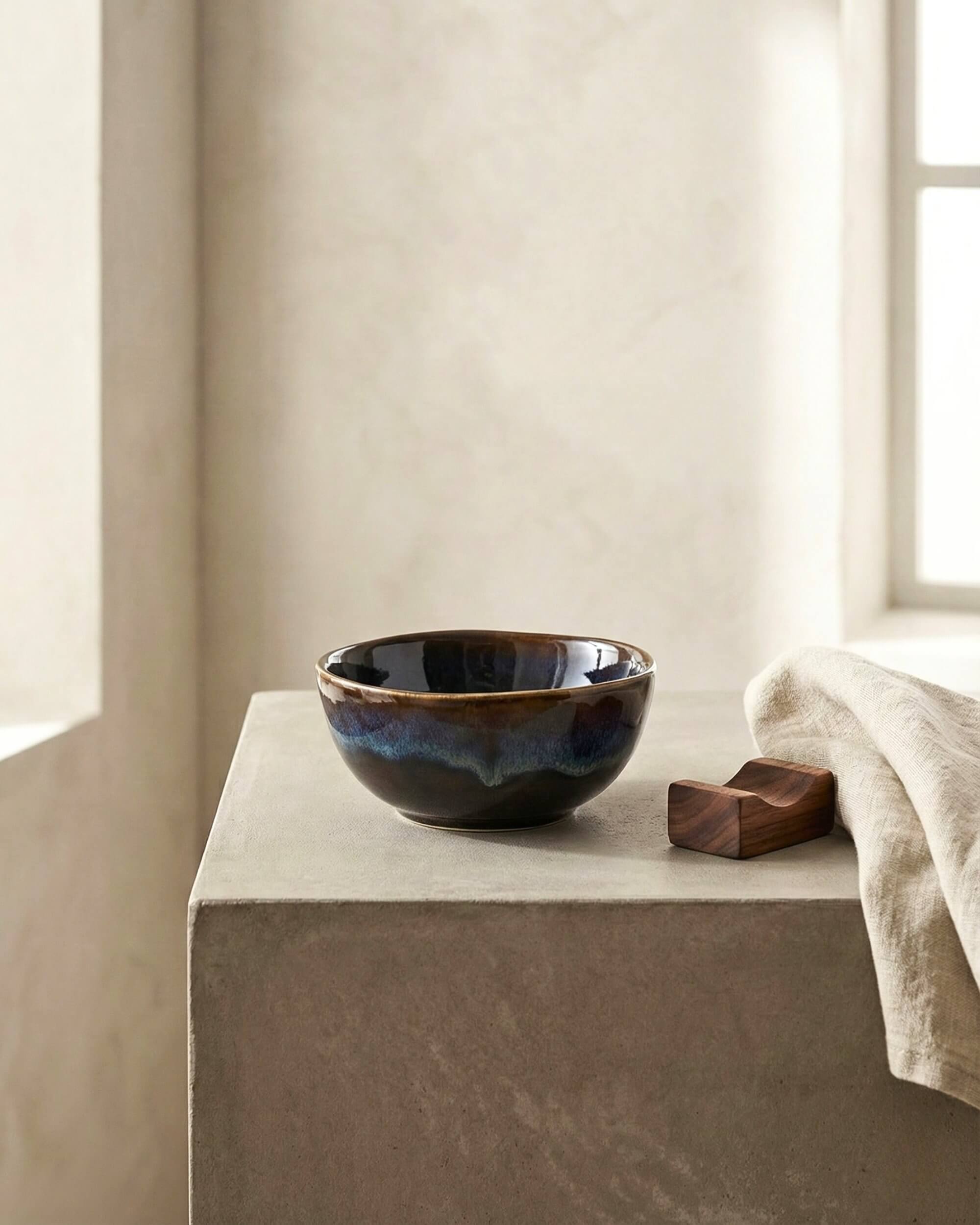 Petit bol apéritif Grawa en céramique émaillée bleu nuit et marron, posé sur un socle en pierre brute. Décoration minérale épurée.