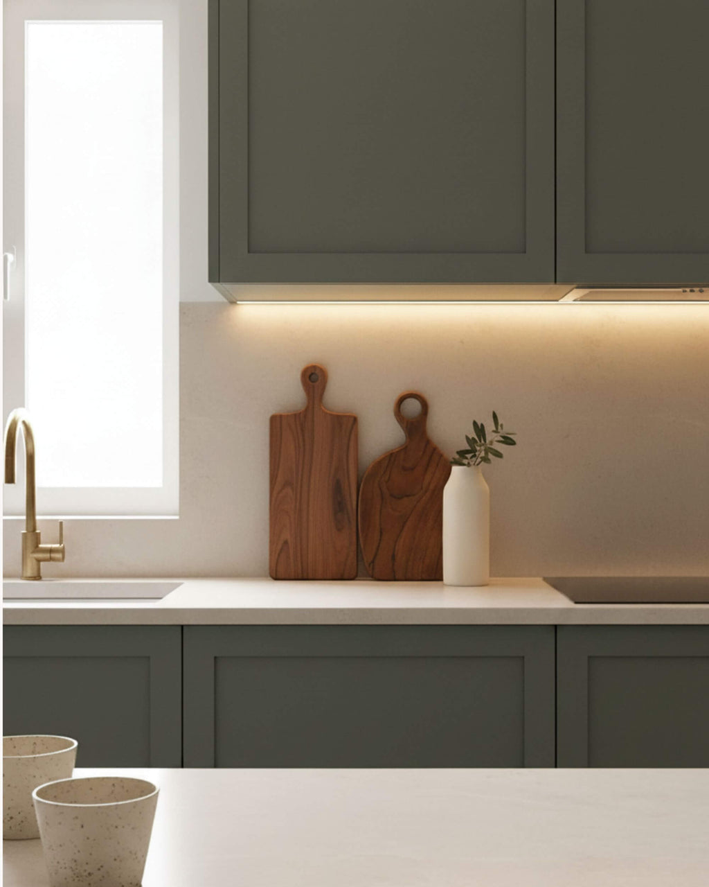 Planche DUMA artisanale en teck utilisée comme décoration dans une cuisine apaisante.
