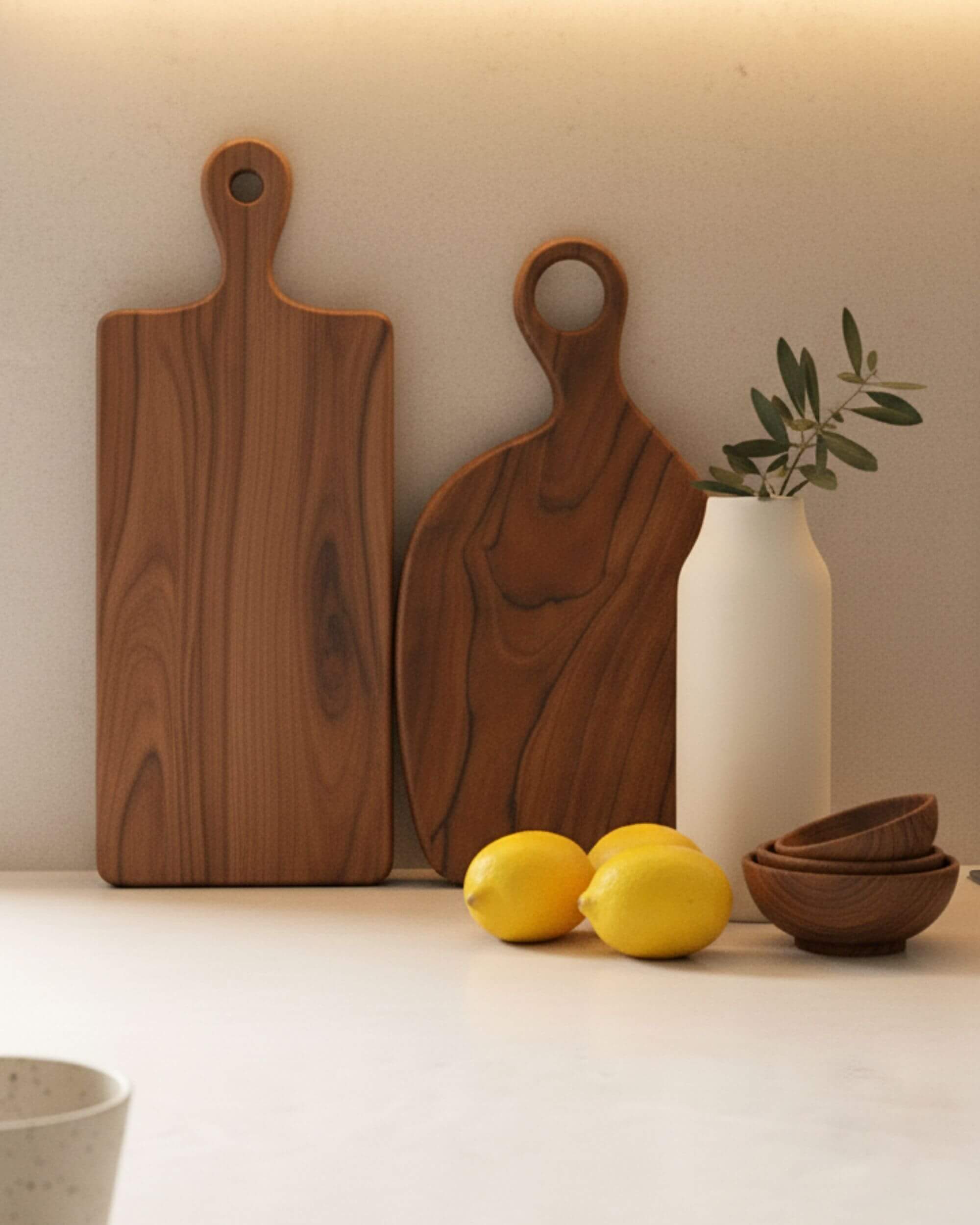 Ensemble de planches artisanales DUMA en teck massif, finition huilée, style naturel.
