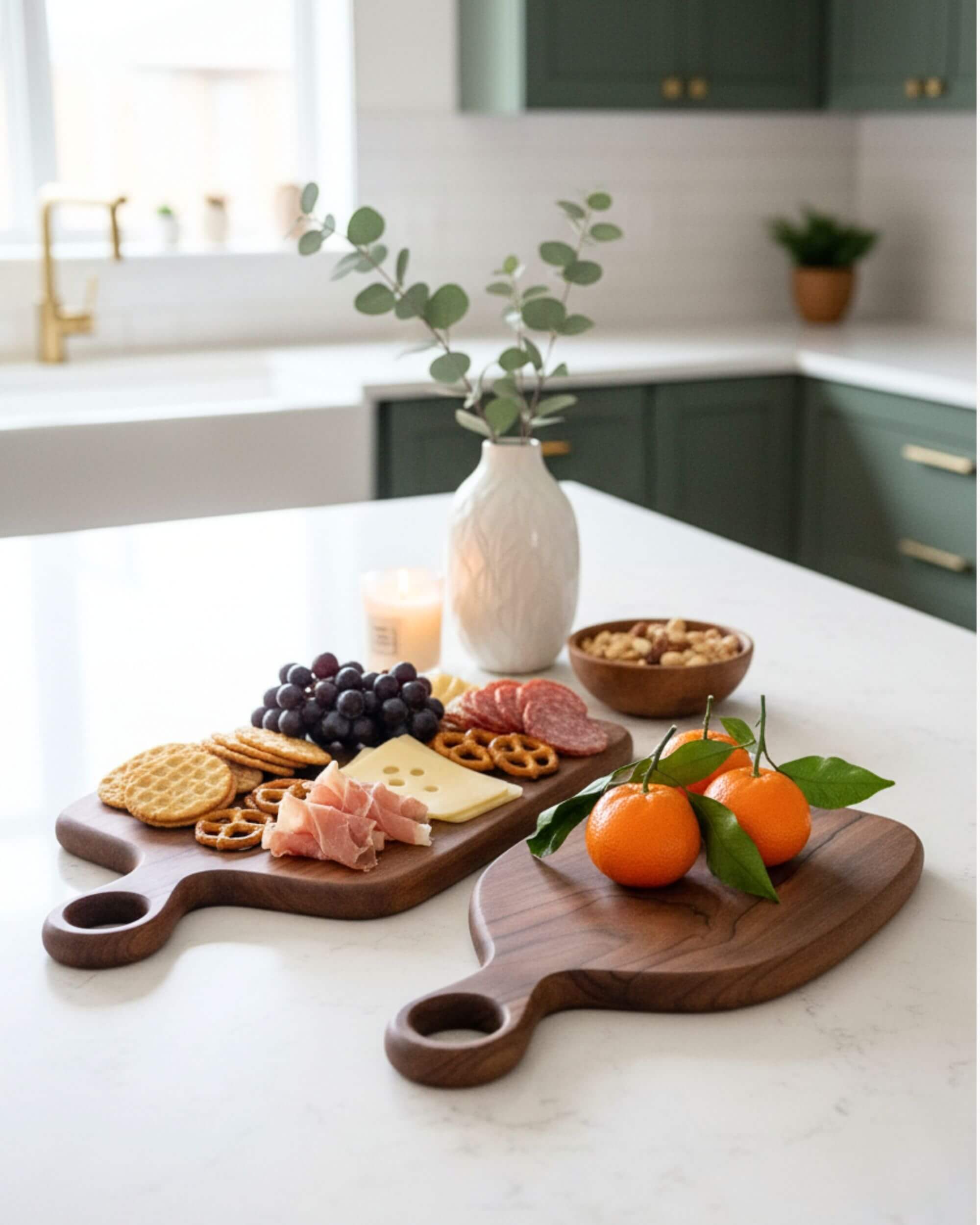 Planche de service DUMA en teck, présentoir à fromages et tapas sur table lumineuse.
