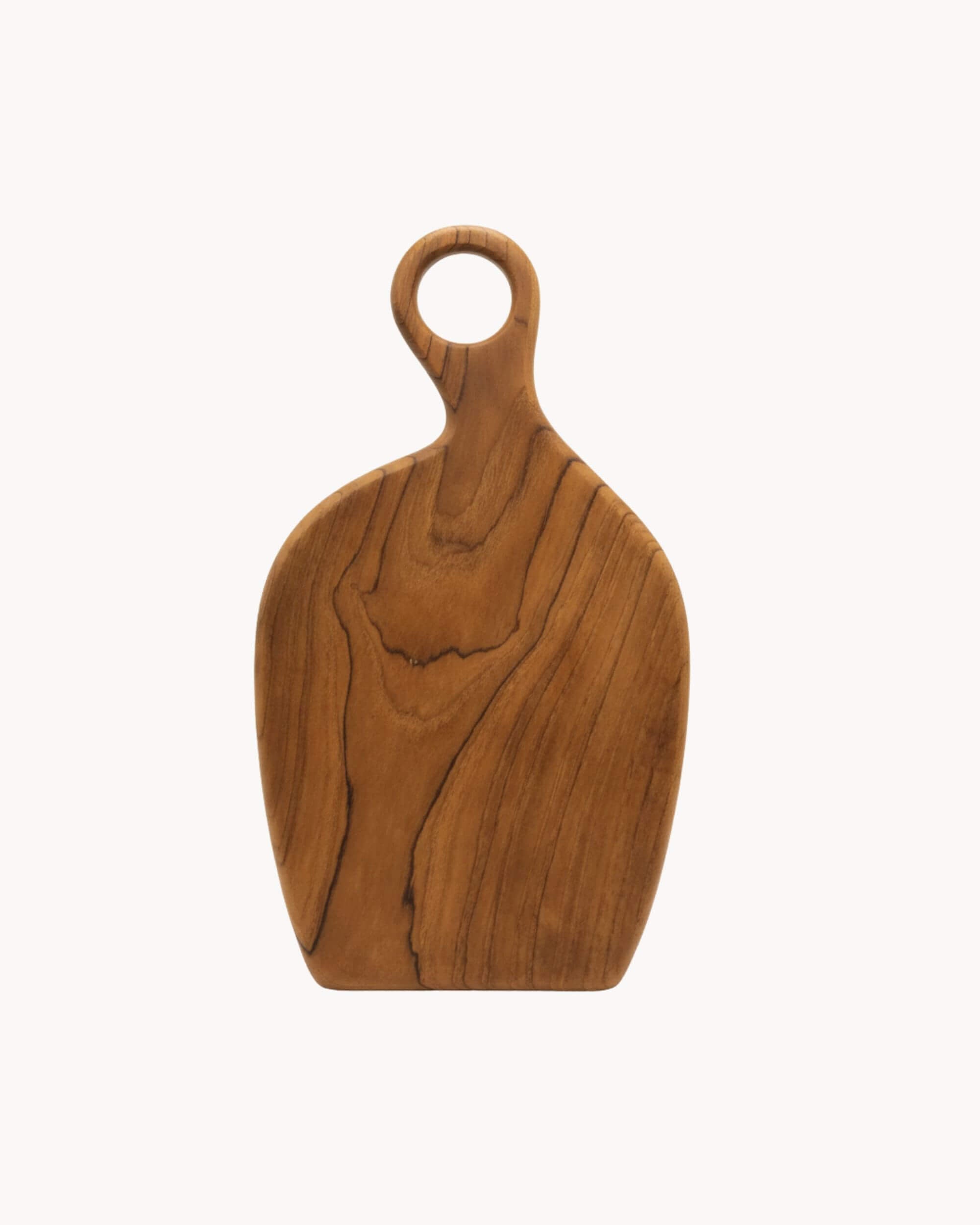 Planche de service artisanale DUMA en teck massif, finition huilée naturelle, vue de face.
