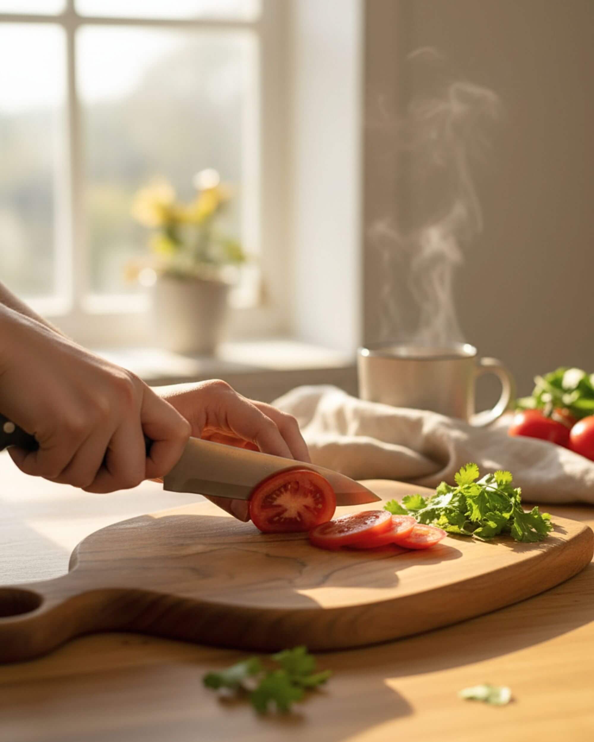 Utilisation de la planche DUMA en teck massif pour découper des légumes frais.
