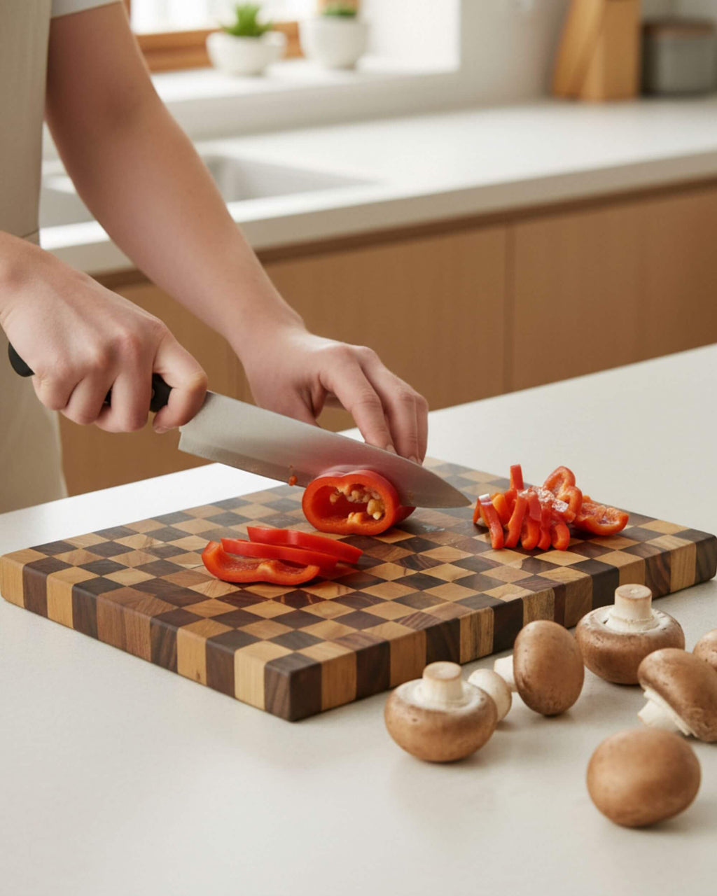 Planche AKANA utilisée pour couper des légumes dans une cuisine naturelle
