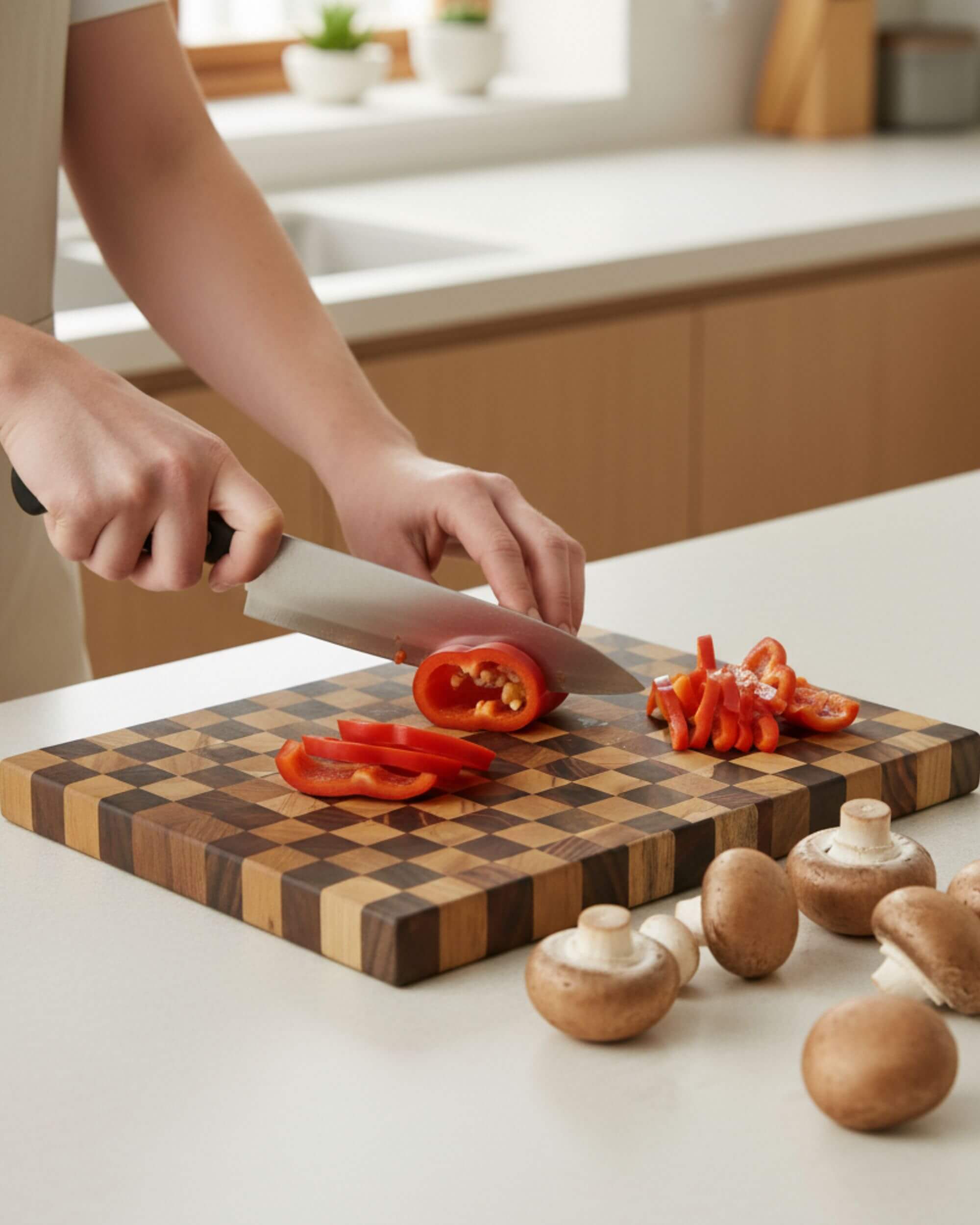 Planche AKANA utilisée pour couper des légumes dans une cuisine naturelle
