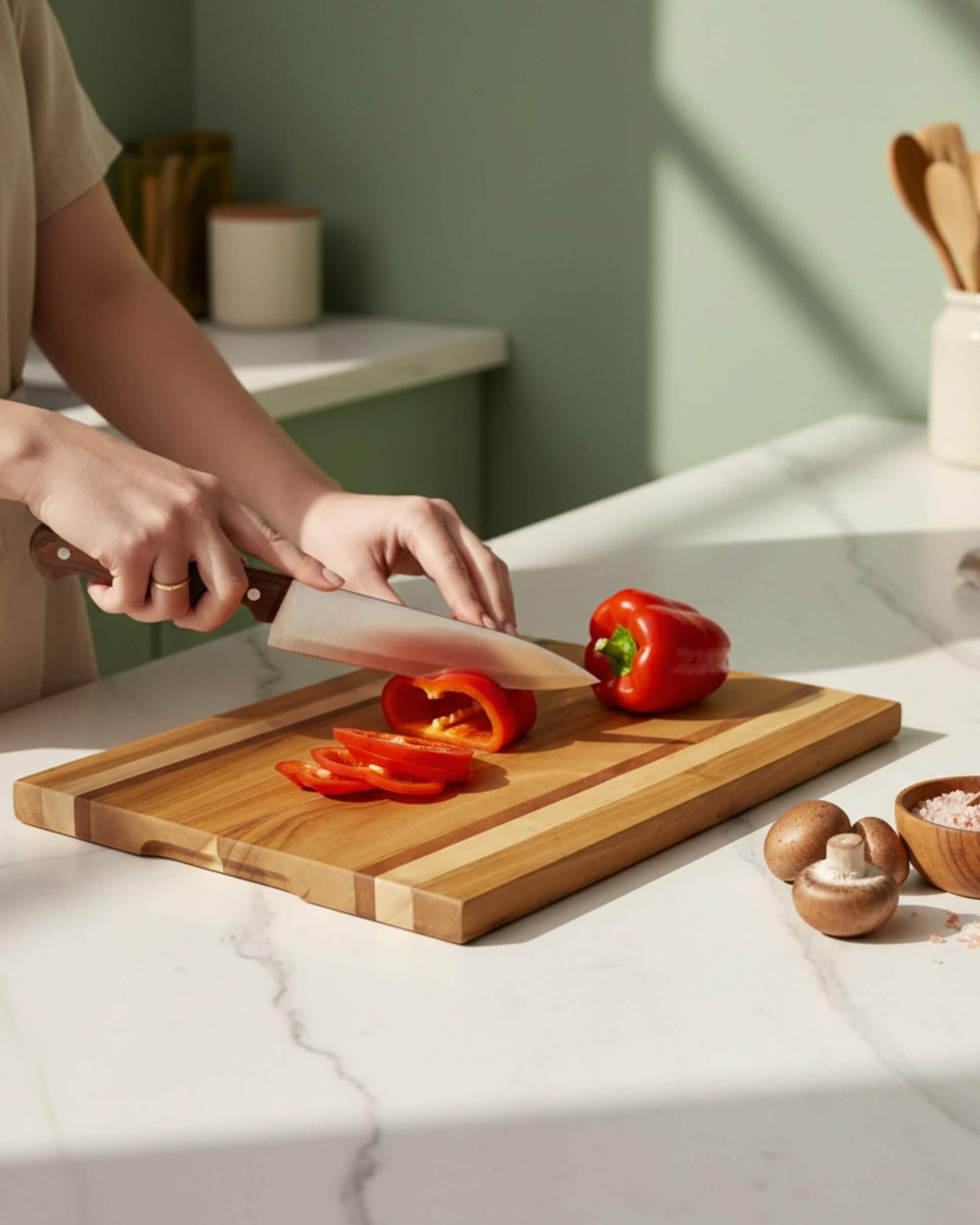 Planche PANAMA utilisée pour couper des légumes dans une cuisine naturelle
