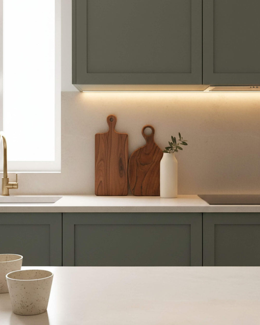 Planche à découper en teck LURA dans une cuisine naturelle
