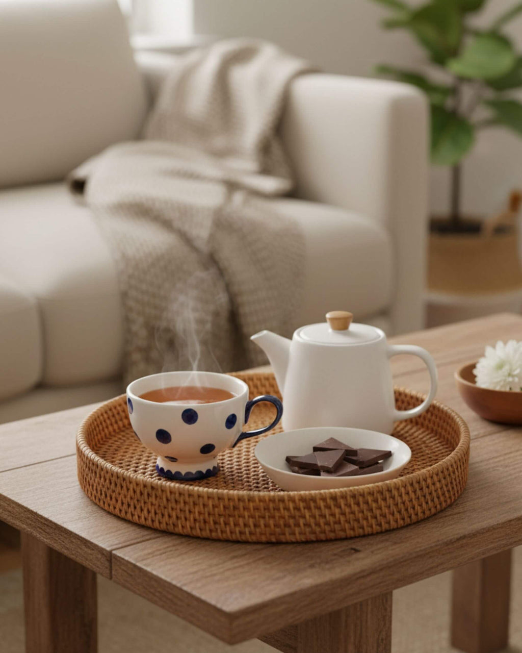 Plateau en rotin SORA sur table basse avec tasse et thé
