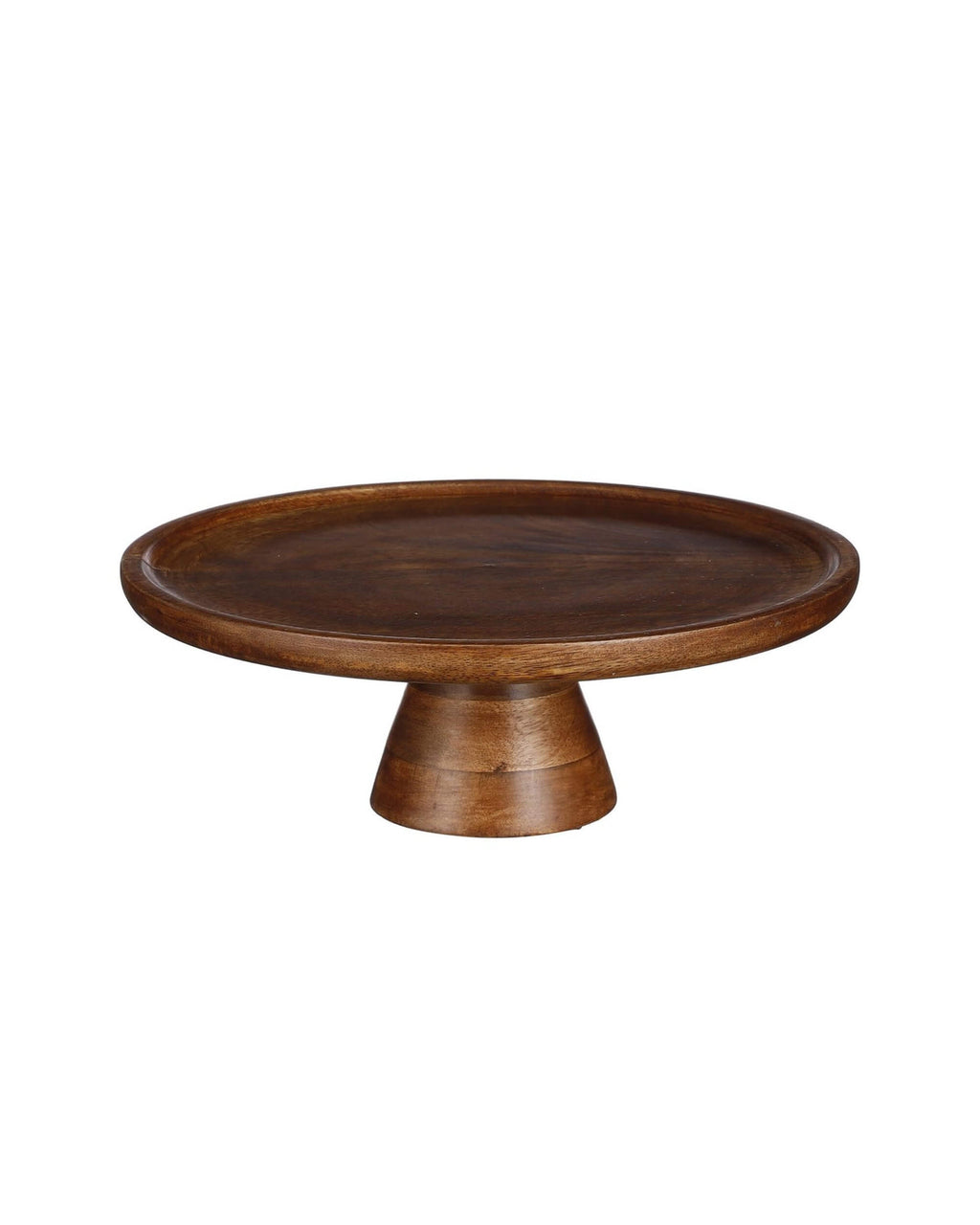 Présentoir à gâteaux sur pied Malo en bois de manguier foncé. Plateau rond de 30 cm au style rustique et élégant, idéal pour présenter pâtisseries ou fruits sur une table.