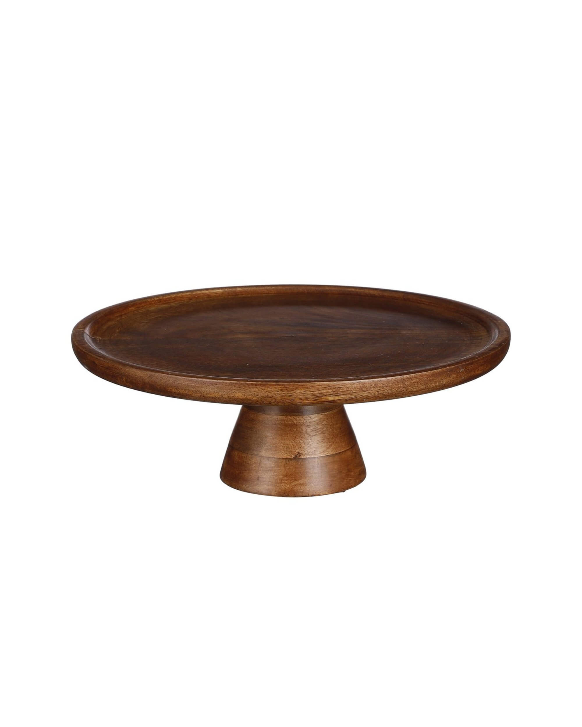 Présentoir à gâteaux sur pied Malo en bois de manguier foncé. Plateau rond de 30 cm au style rustique et élégant, idéal pour présenter pâtisseries ou fruits sur une table.