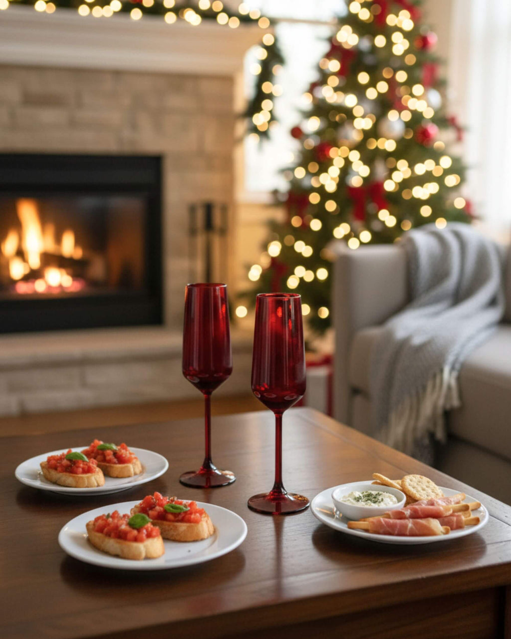 Flûtes rouges RUBY devant une cheminée allumée, ambiance chaleureuse
