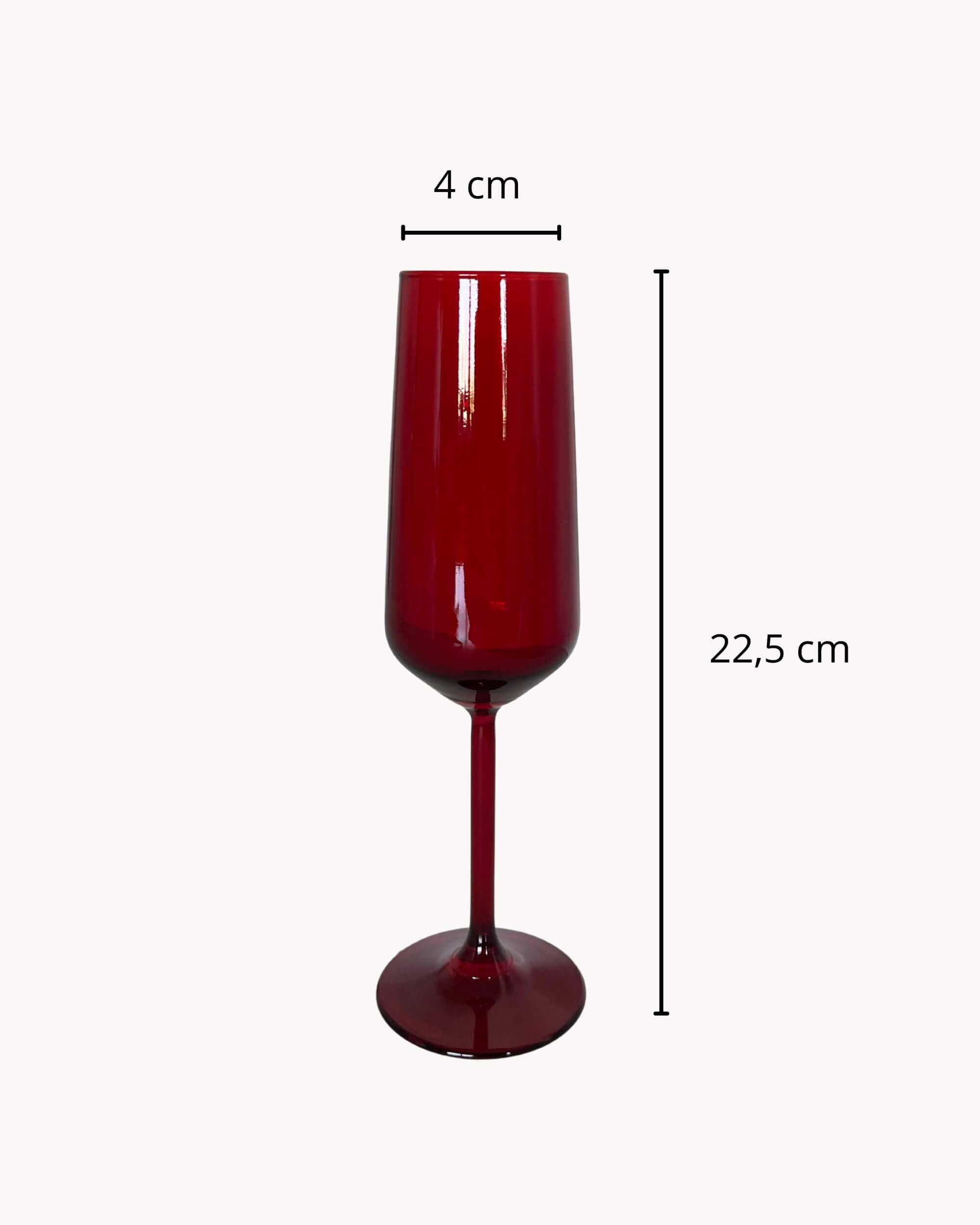 Détail des dimensions des flûtes à champagne RUBY, hauteur 22,5 cm
