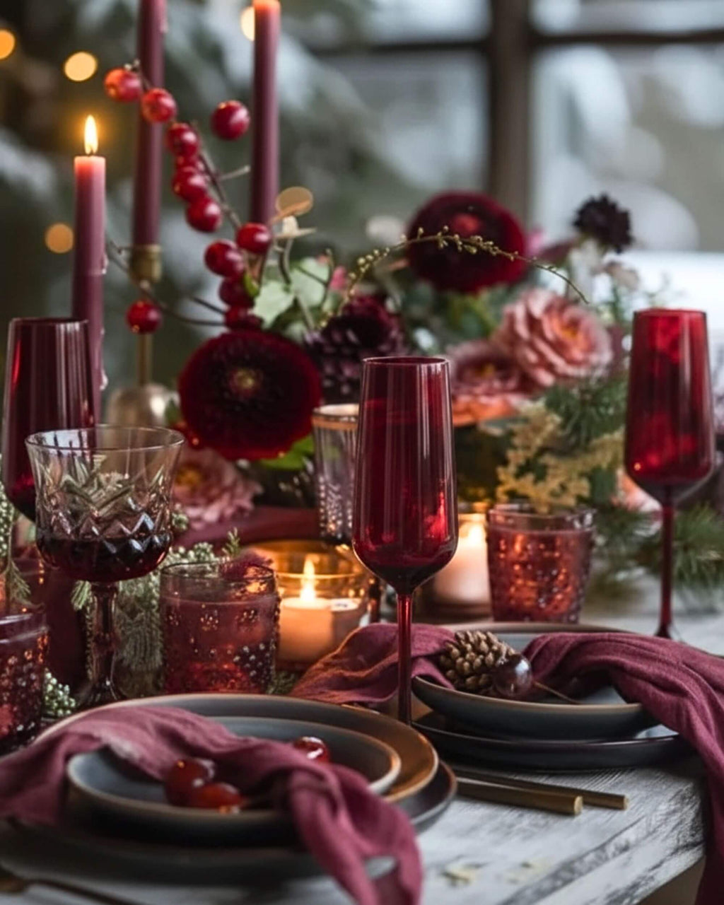 Ensemble de flûtes à champagne rouges sur une table de fête décorée
