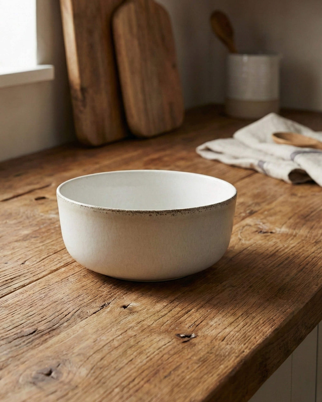 Saladier Alba en céramique blanche au style rustique chic posé sur un plan de travail en bois vieilli.