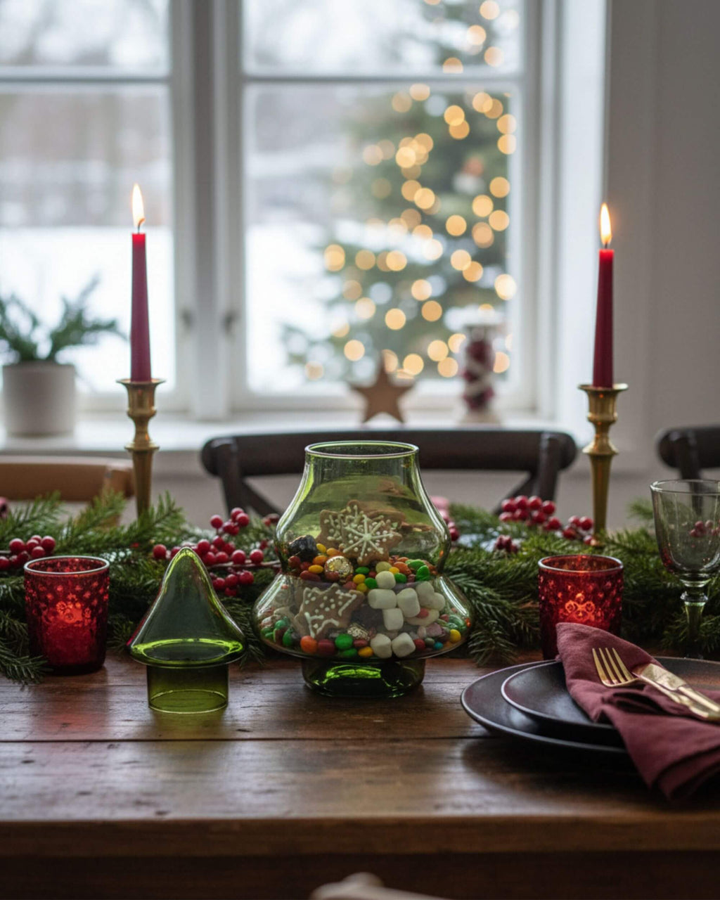 Bonbonnière SALI en verre vert ouverte avec friandises
