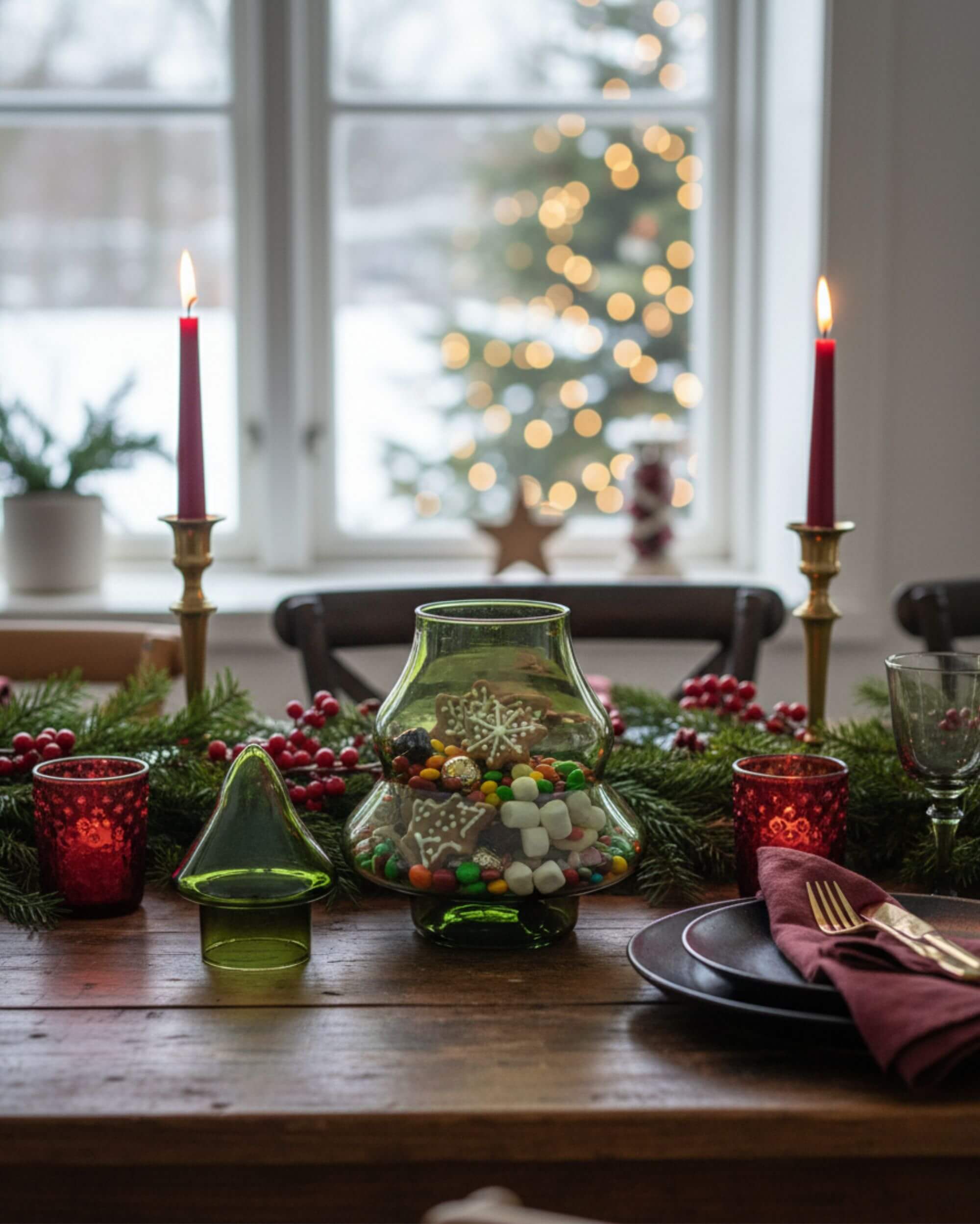 Bonbonnière SALI en verre vert ouverte avec friandises
