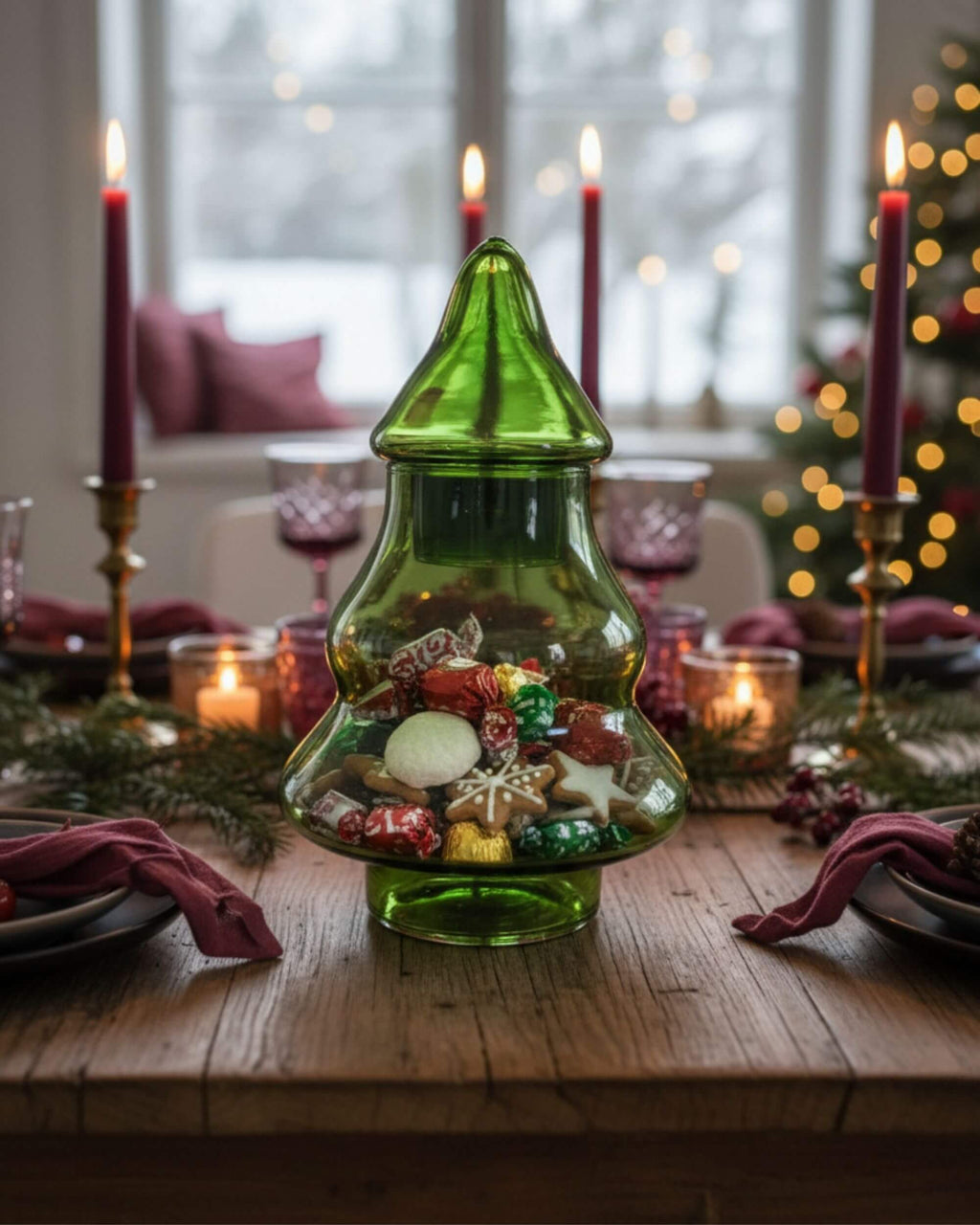 Bonbonnière SALI sapin en verre sur table de fête de Noël
