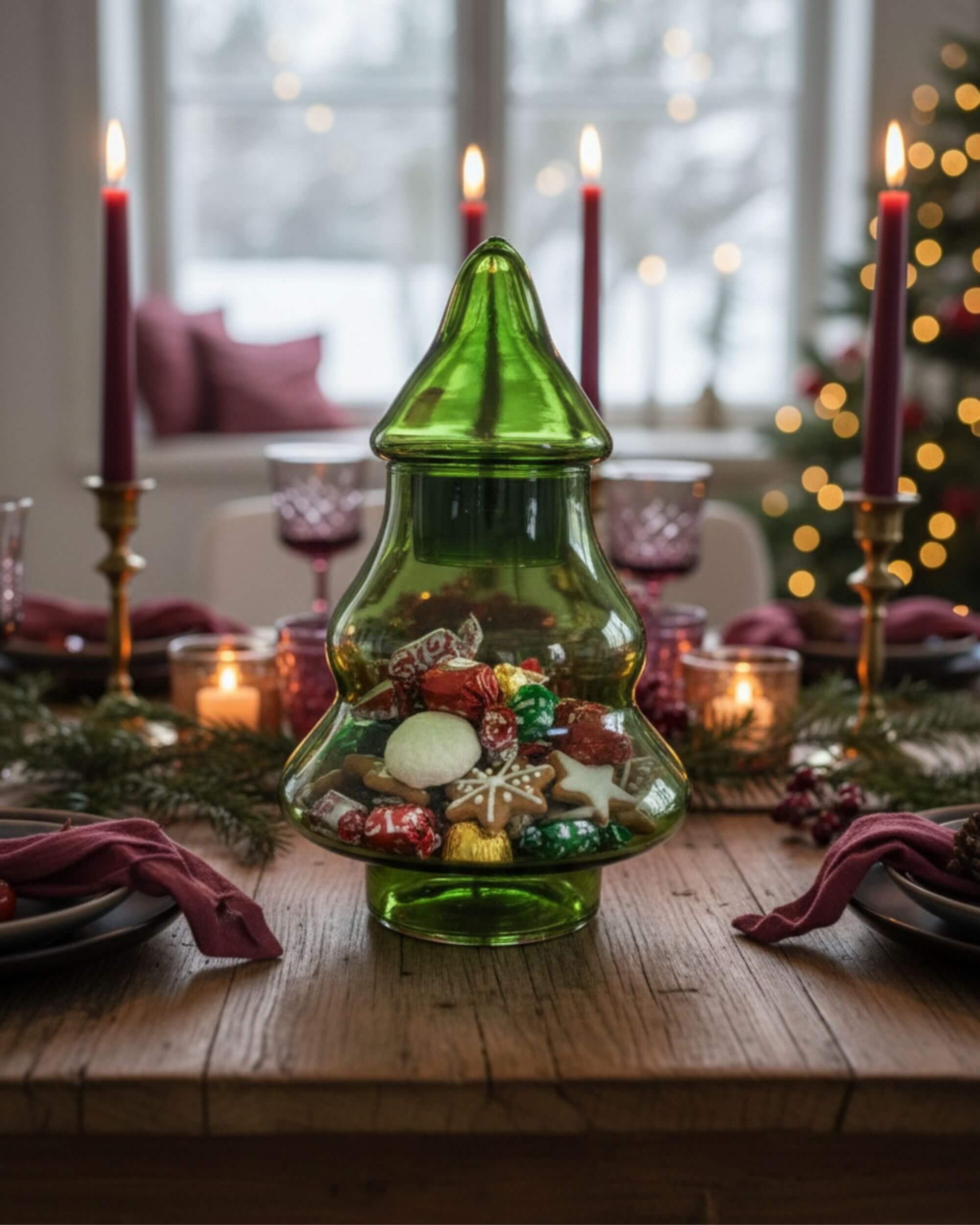 Bonbonnière SALI sapin en verre sur table de fête de Noël
