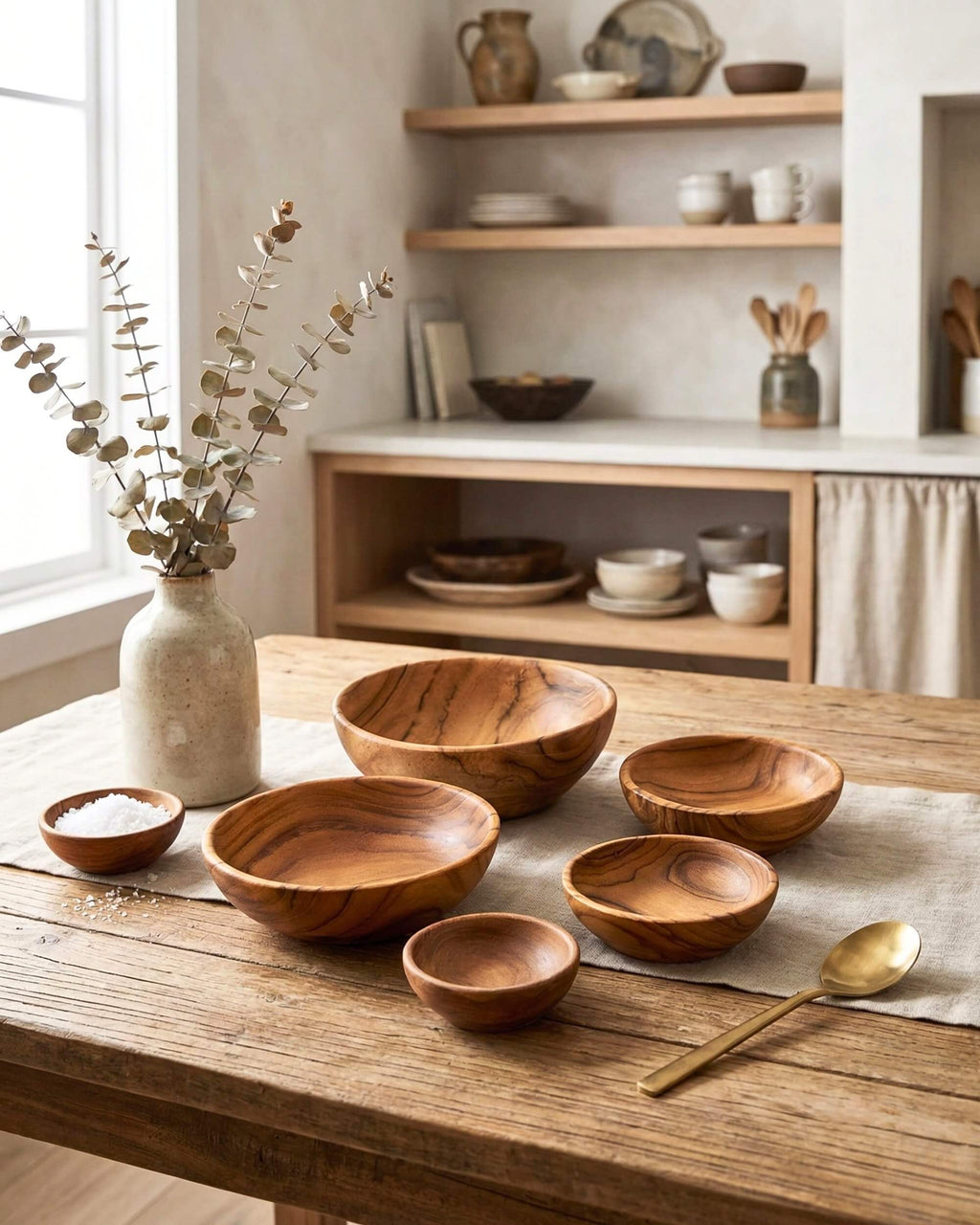 Set de bols gigognes Miran en bois naturel posés sur une table rustique avec cuillère dorée. Décoration de cuisine style bohème et chaleureux.