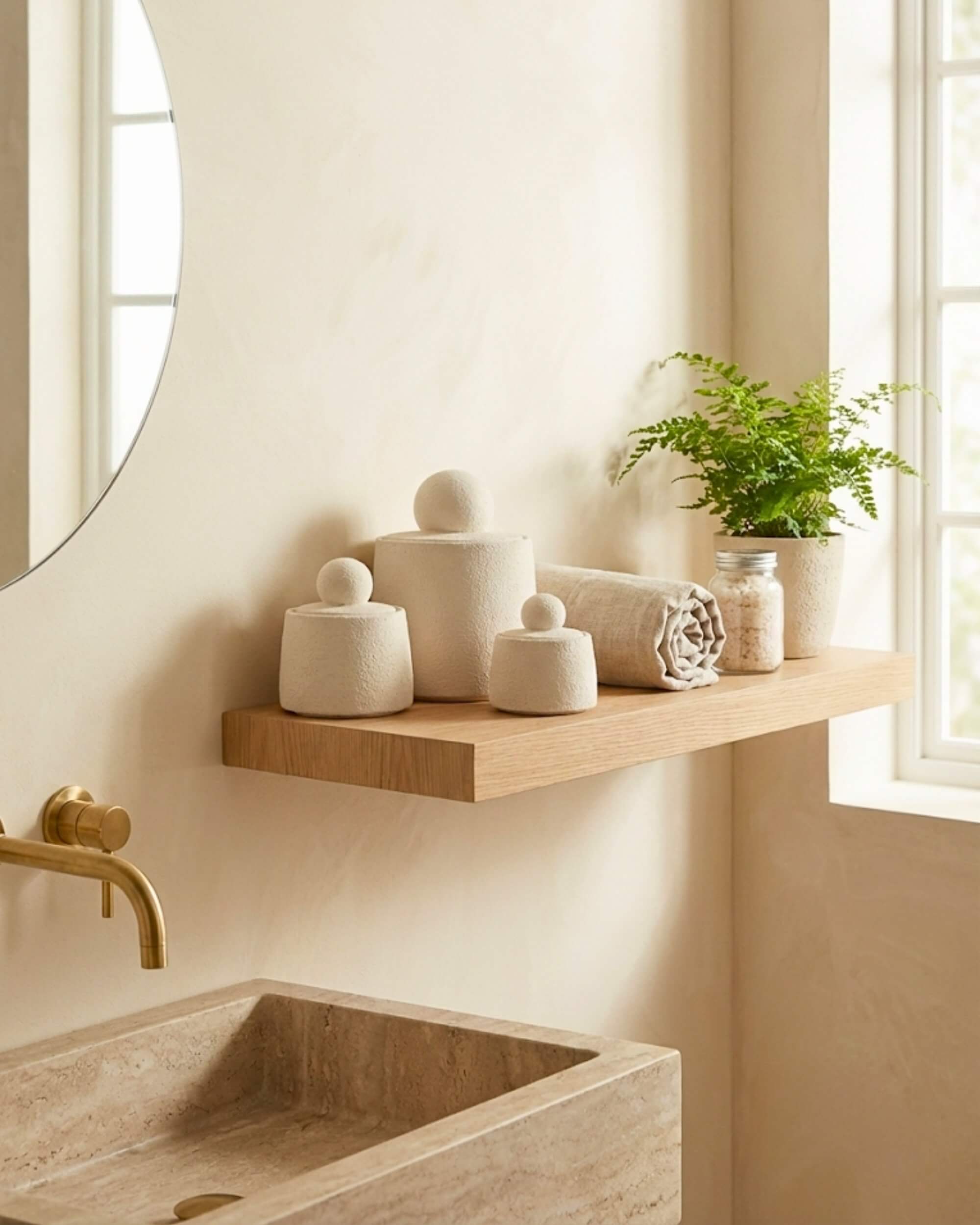 Set de 3 boîtes à couvercle en ciment Olympe sur une étagère en bois massif dans une salle de bain ambiance zen avec vasque en pierre.