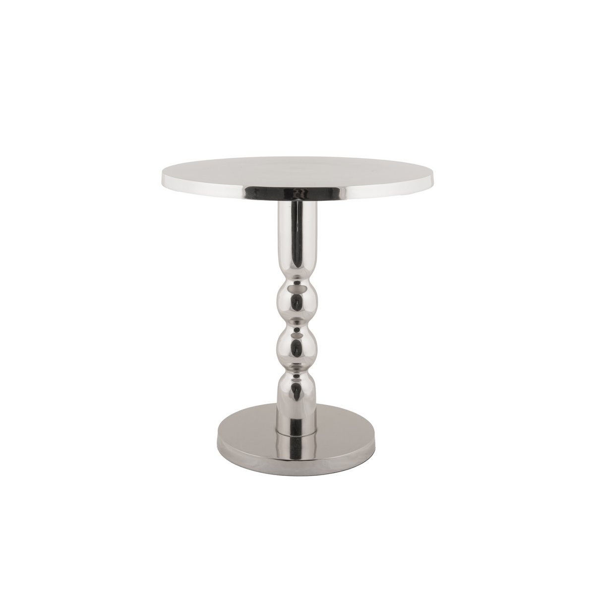 Table d'appoint ronde en aluminium argenté chromé avec pied sculpté sur fond blanc