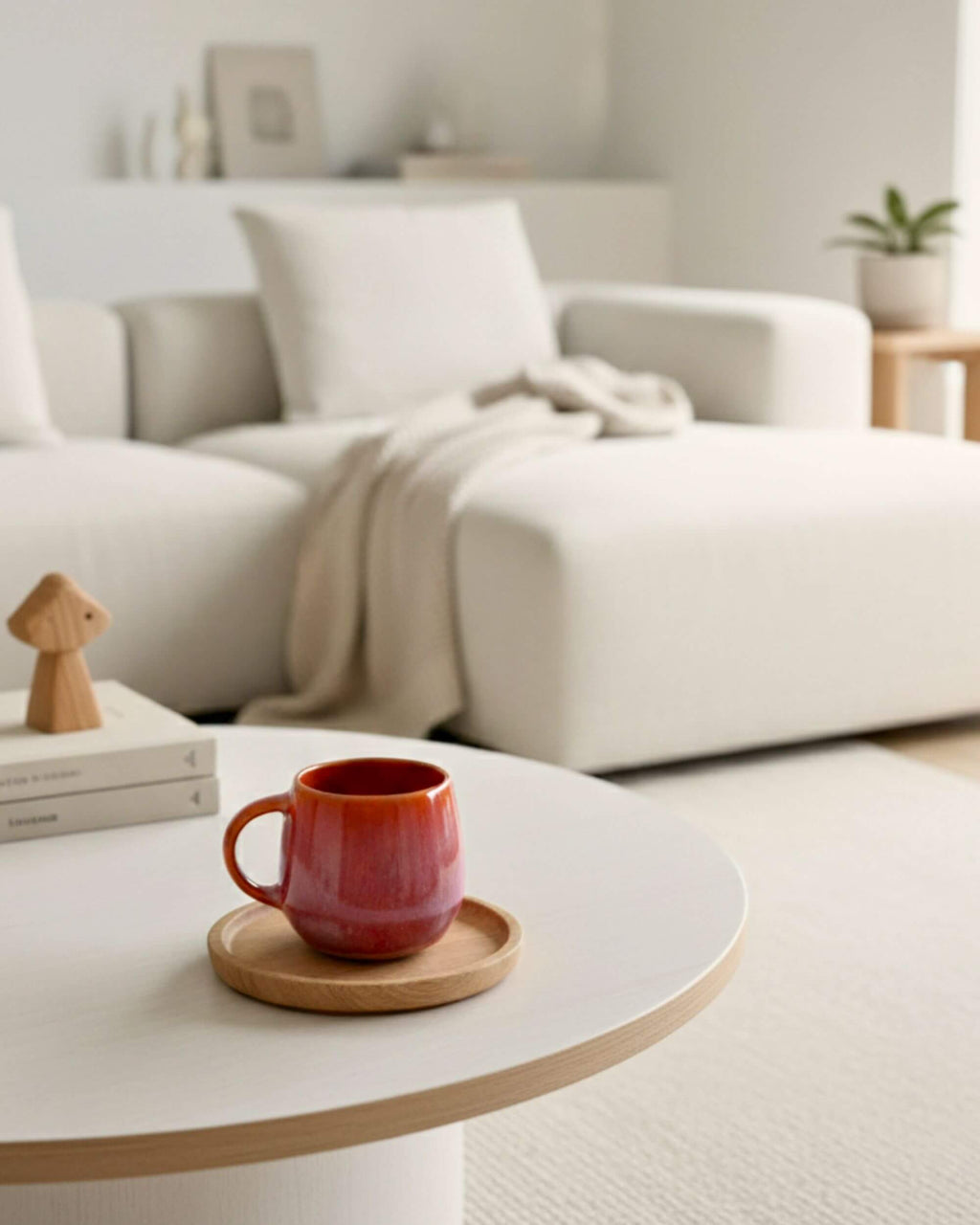 Tasse artisanale GUIMAUVE rose et orangé sur table de salon claire, ambiance cocooning et naturelle.