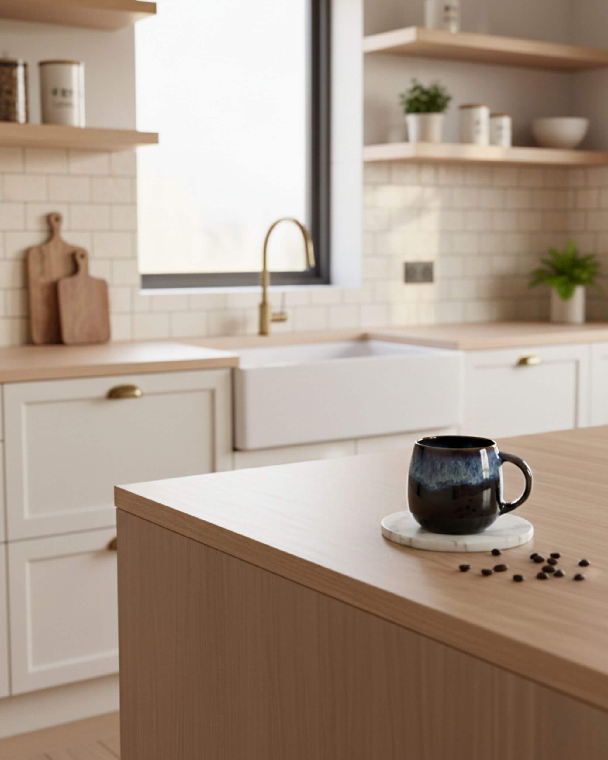 Tasse UNIVERS bleue en céramique artisanale, posée sur un plan de travail clair, fabrication portugaise.