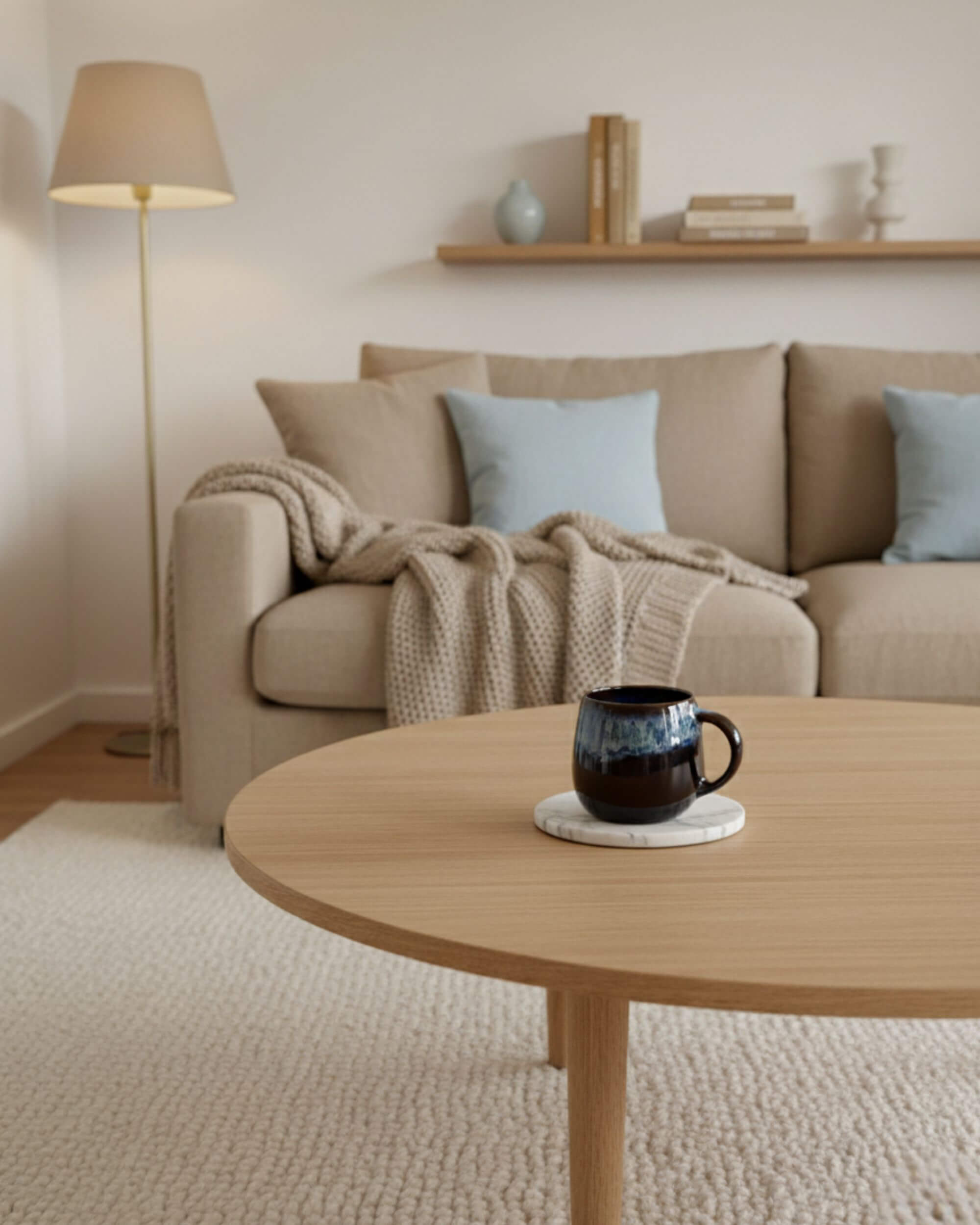 Tasse artisanale UNIVERS bleue sur table de salon, ambiance douce et naturelle, céramique portugaise.