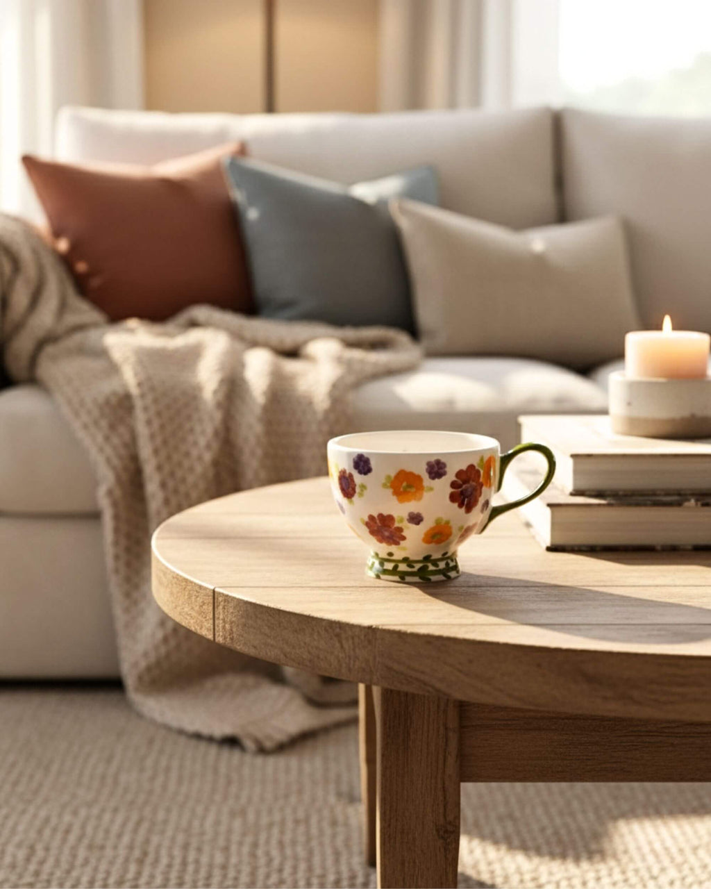 Tasse SUZANNE en céramique florale sur table basse dans un salon lumineux et chaleureux