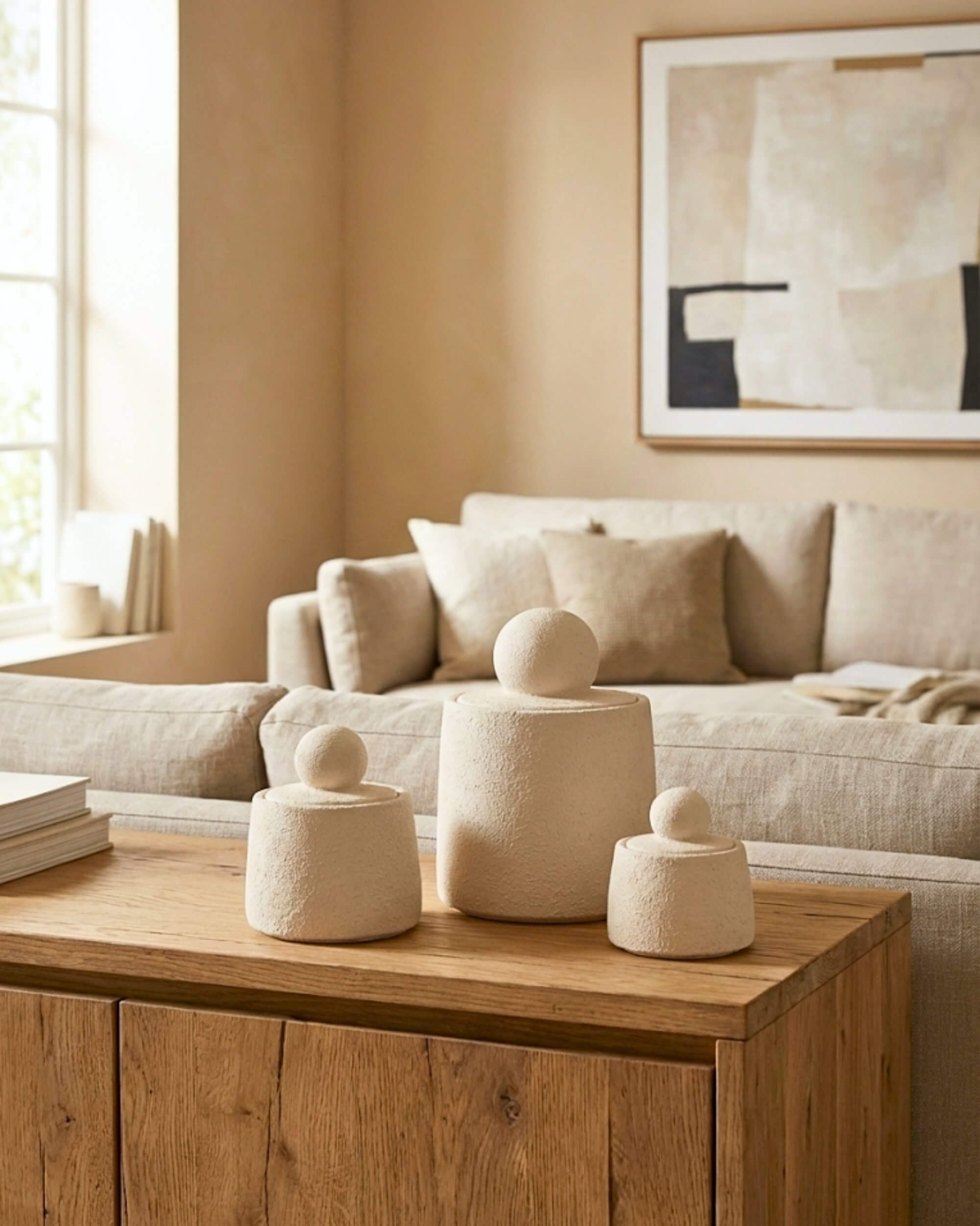 Trio de pots de rangement design Olympe en ciment dans un salon minimaliste chic, placés derrière un canapé beige avec un grand tableau abstrait.