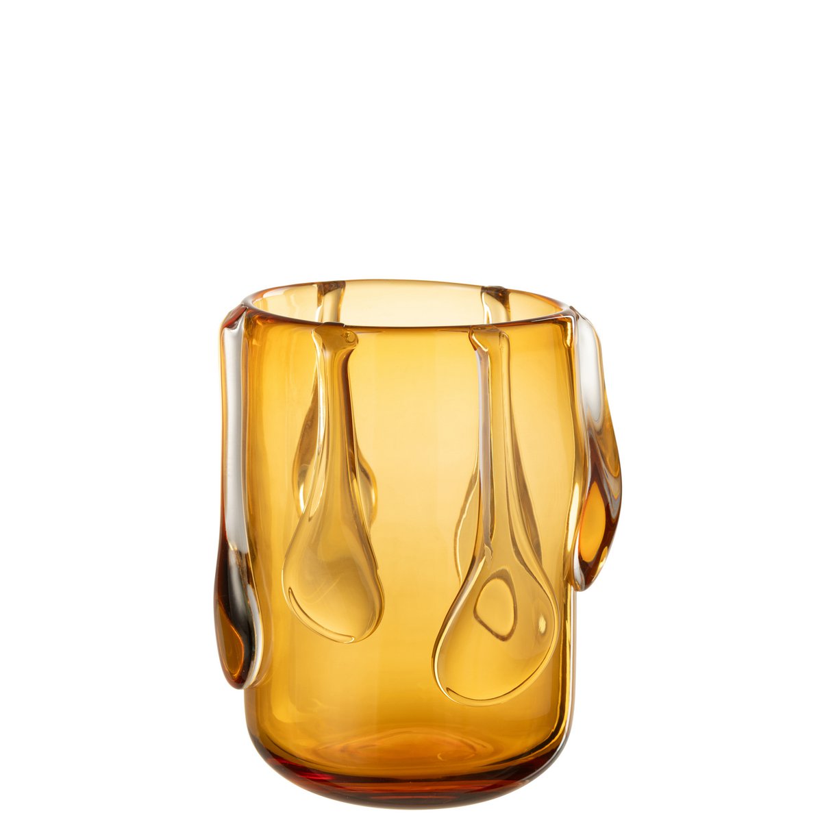 Vase DRIPPY en verre ambré doré avec des gouttes en relief, sur fond blanc, hauteur 22 cm.