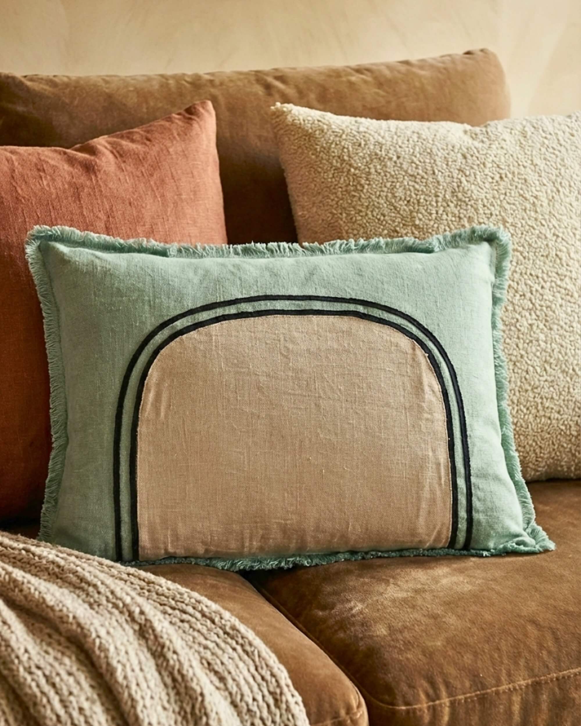 Gros plan sur le coussin lombaire Arche vert opaline et beige, posé sur un canapé en velours marron avec un plaid en grosse maille beige et coussin bouclette.